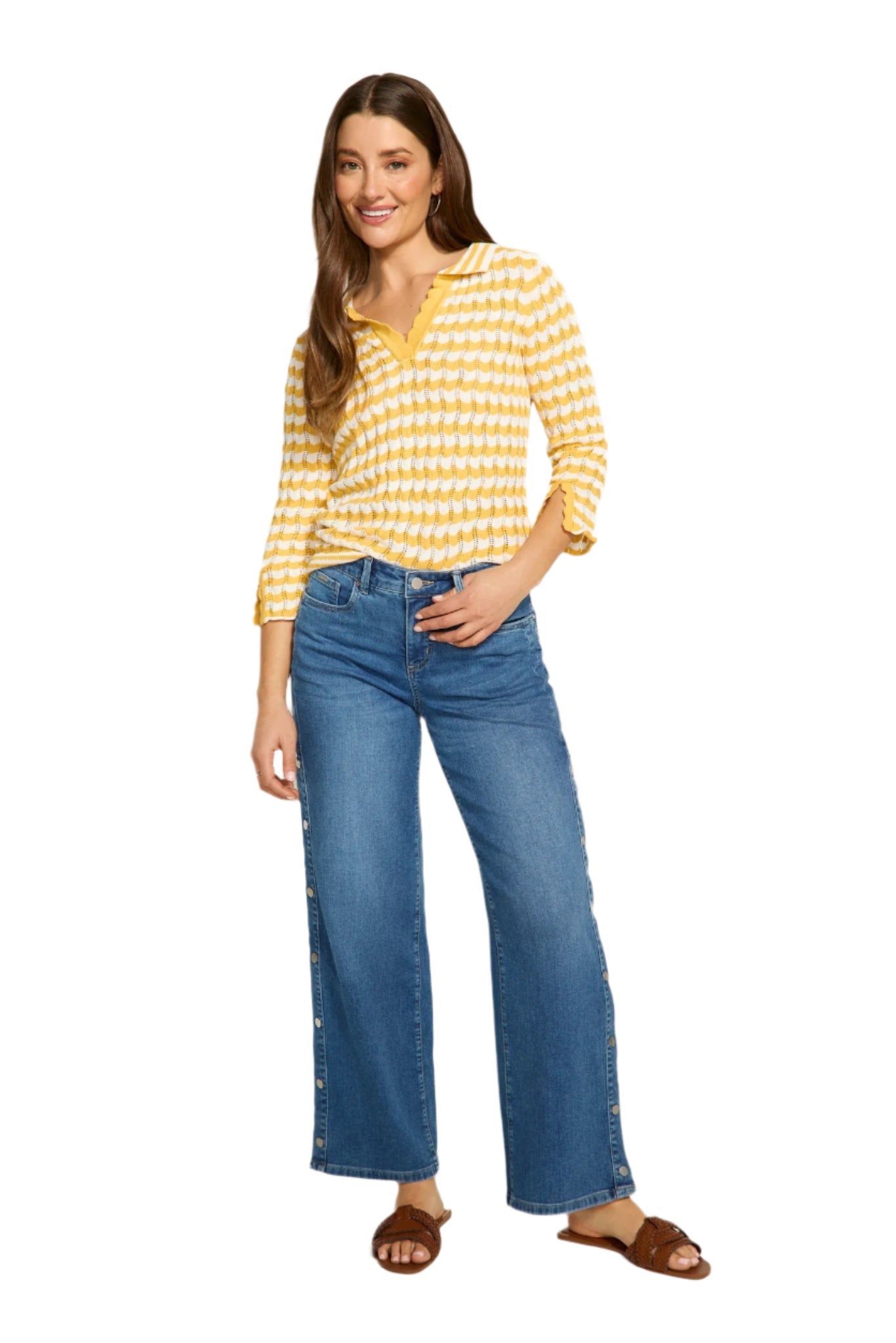 3/4 Sleeve Polo Sweater – Yellow Stripe Front – Ella Where She Shops