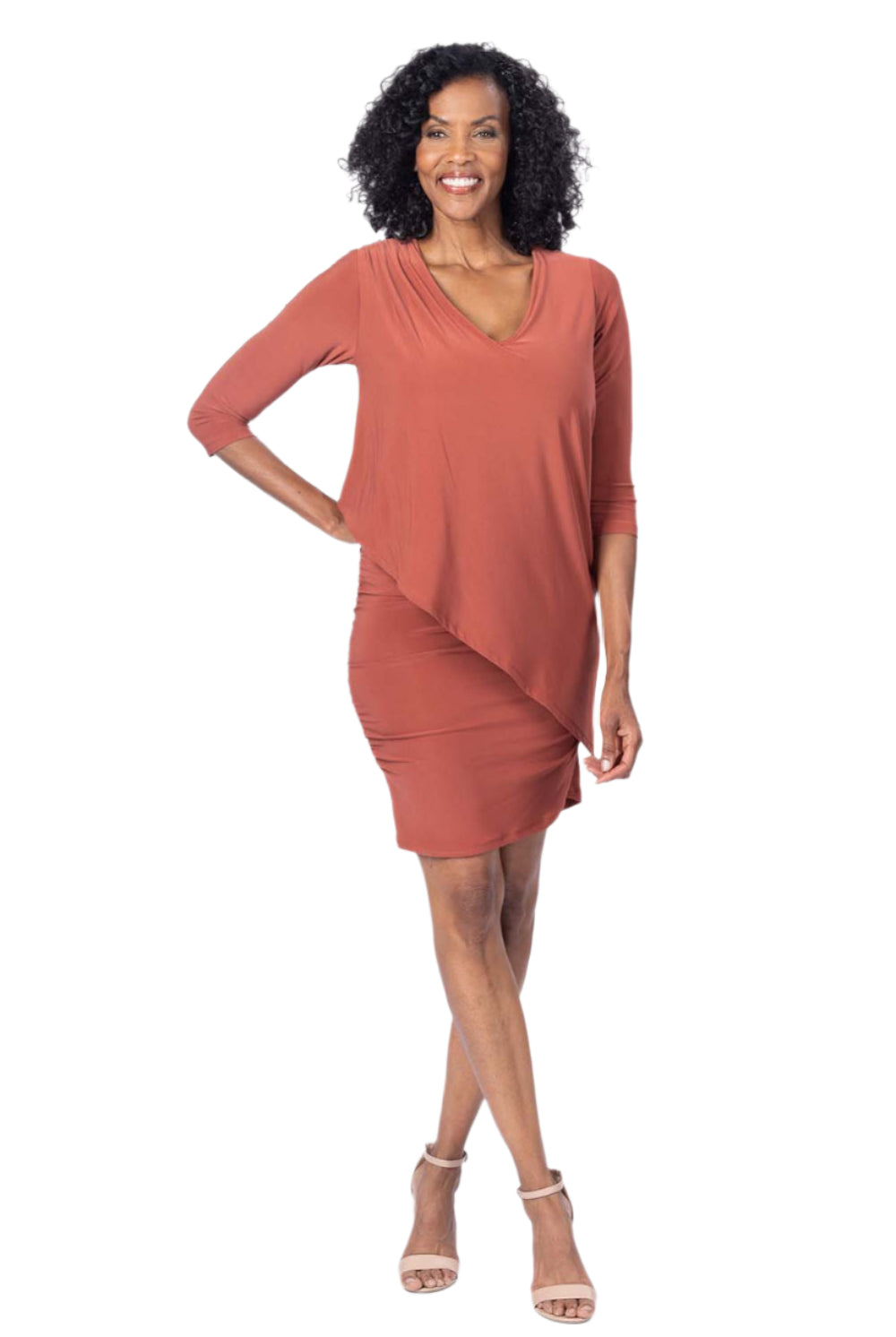 3/4 Sleeve Versatile Tunic Dress – Rust – Front – Ella Where She Shops