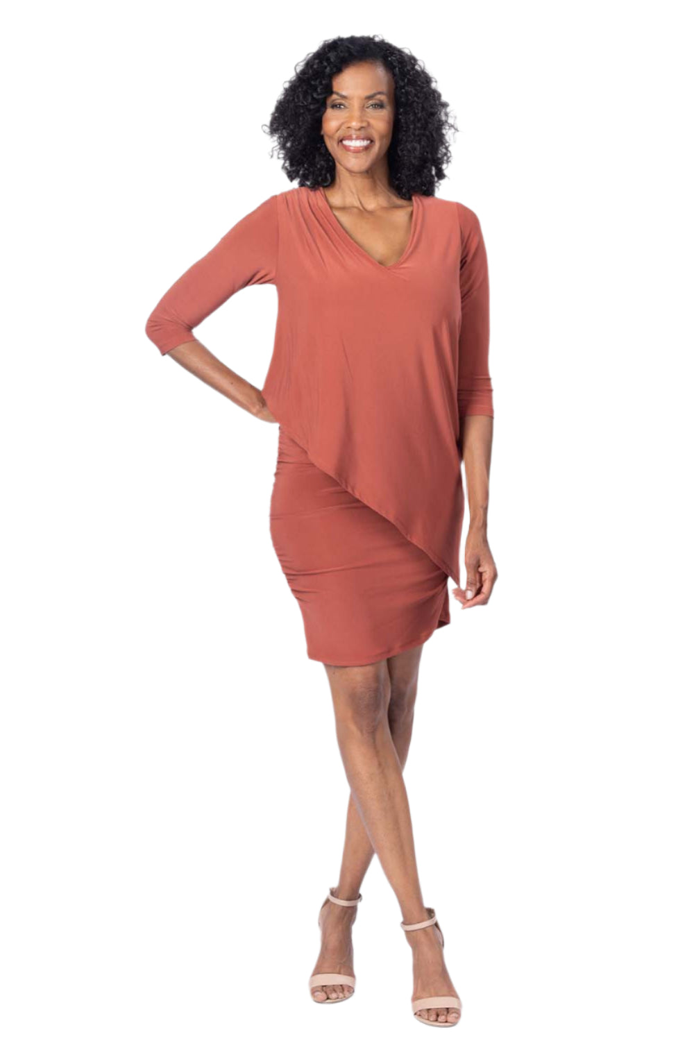 3/4 Sleeve Versatile Tunic Dress – Rust – Front – Ella Where She Shops