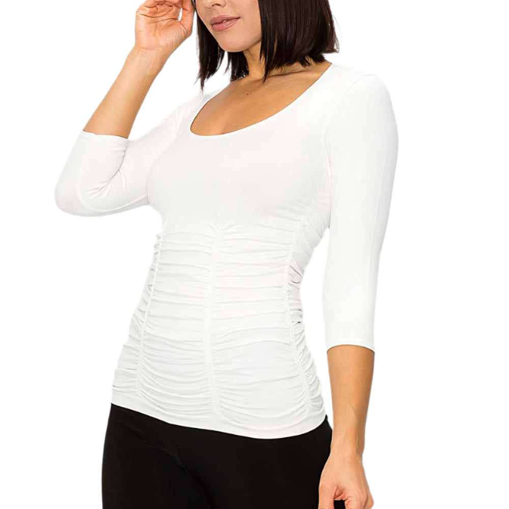 3 Panel Ruched 3/4 Sleeve Seamless Top - Ivory - Ella Where She Shops