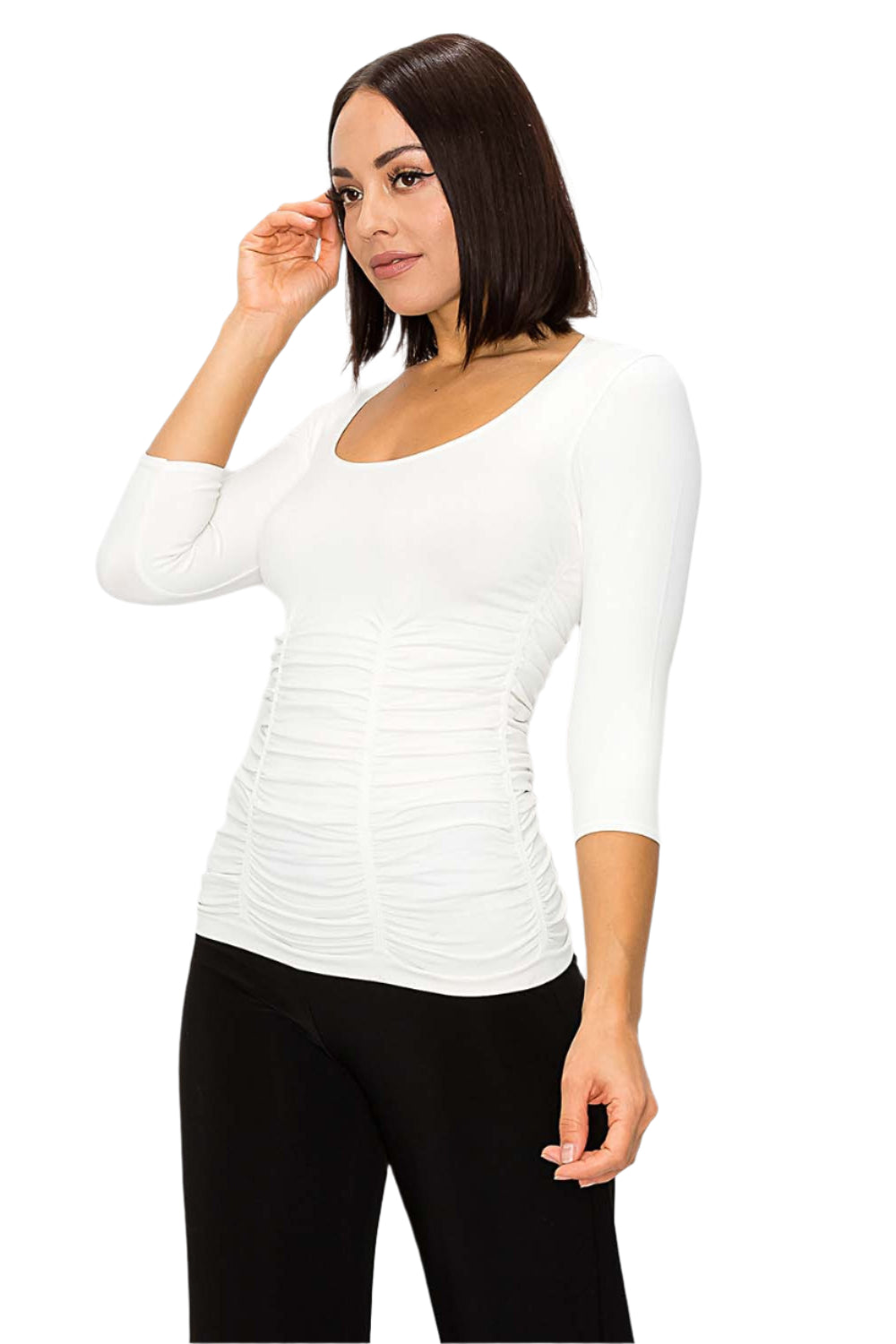 3 Panel Ruched 3/4 Sleeve Seamless Top - Ivory - Ella Where She Shops