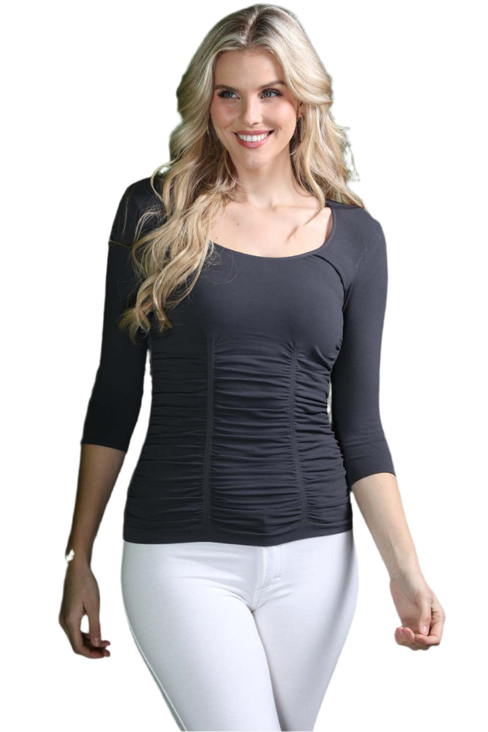 3 Panel Ruched 3/4 Sleeve Seamless Top - Steel - Ella Where She Shops