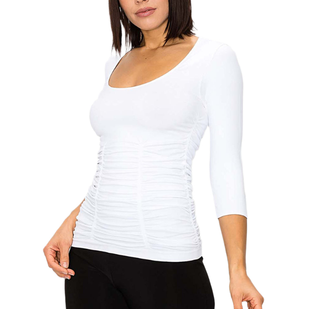 3 Panel Ruched 3/4 Sleeve Seamless Top - White - Ella Where She Shops