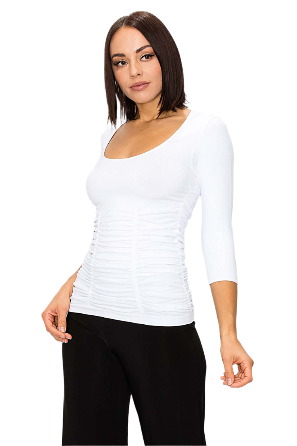 3 Panel Ruched 3/4 Sleeve Seamless Top - White - Ella Where She Shops