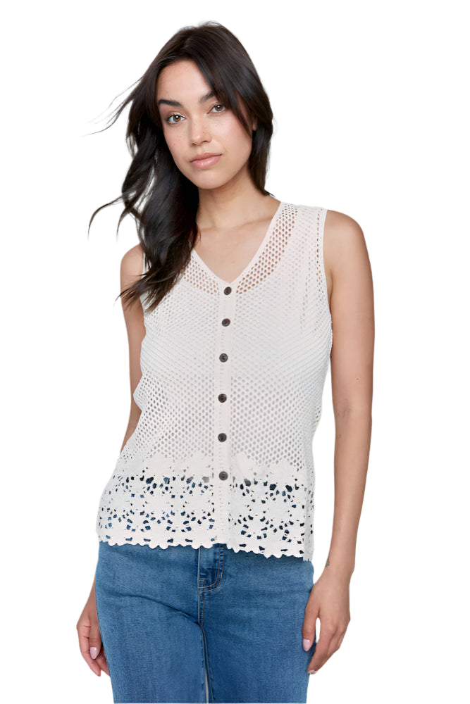 Button Front Crochet Vest - Natural - Front - Ella Where She Shops