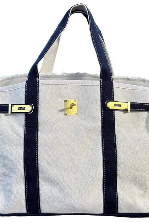 Canvas Tote Bag w/ Gold Buckle Hardware - Navy Trim ella where she shops