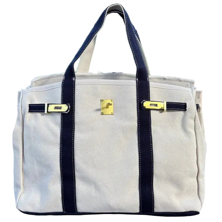 Canvas Tote Bag w/ Gold Buckle Hardware - Navy Trim ella where she shops