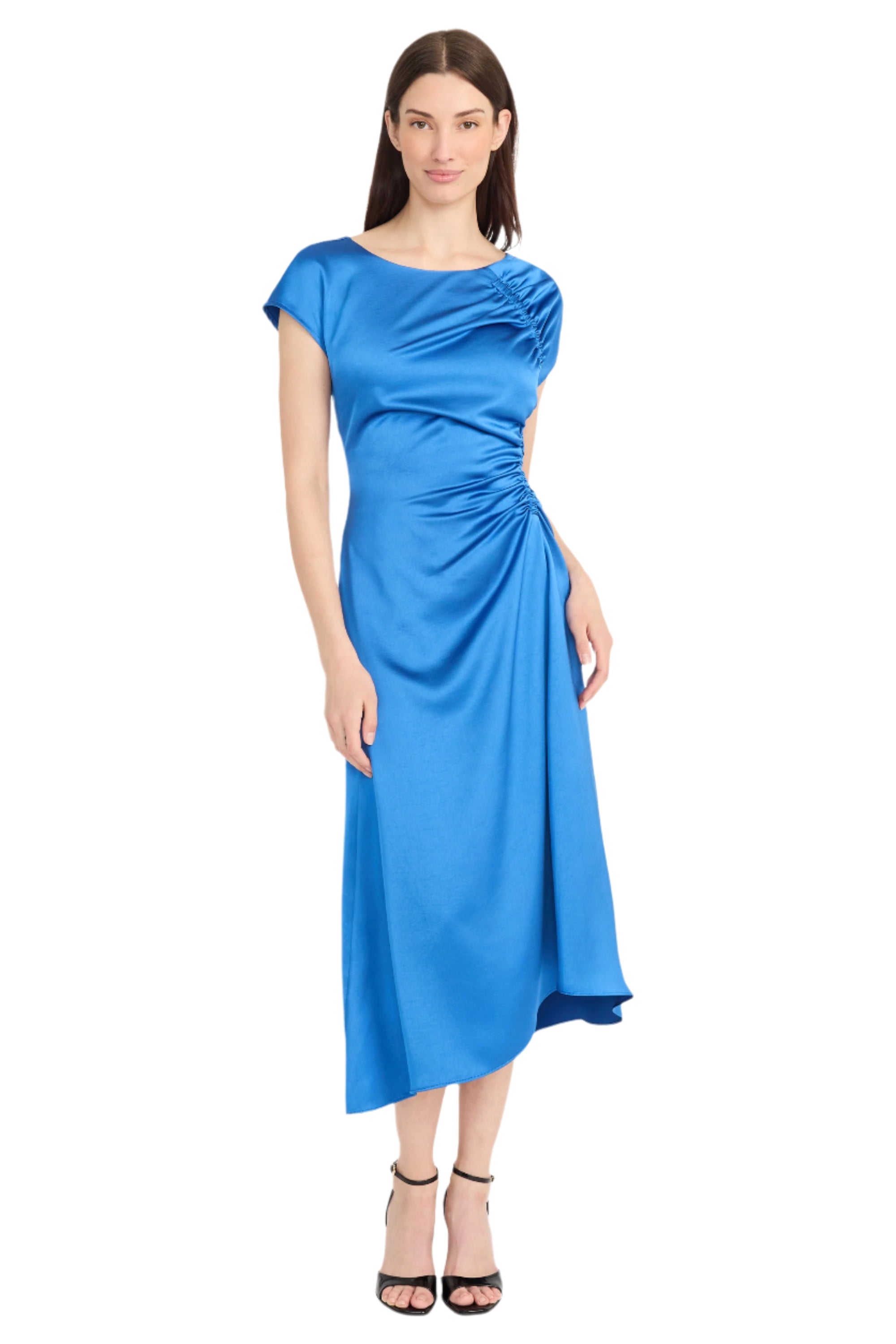 Cap Sleeve Ruched Satin Cocktail Dress – Front – Ella Where She Shops