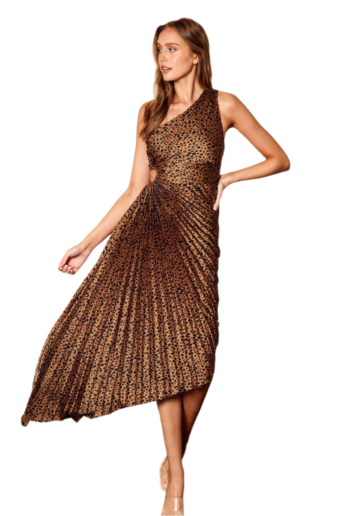 Cheetah Asymmetrical Pleated Maxi Dress – Front – Ella Where She Shops