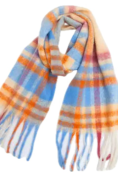 Chunky Plaid Mohair-Look Scarf with Fringes yellow/blue ella where she shops