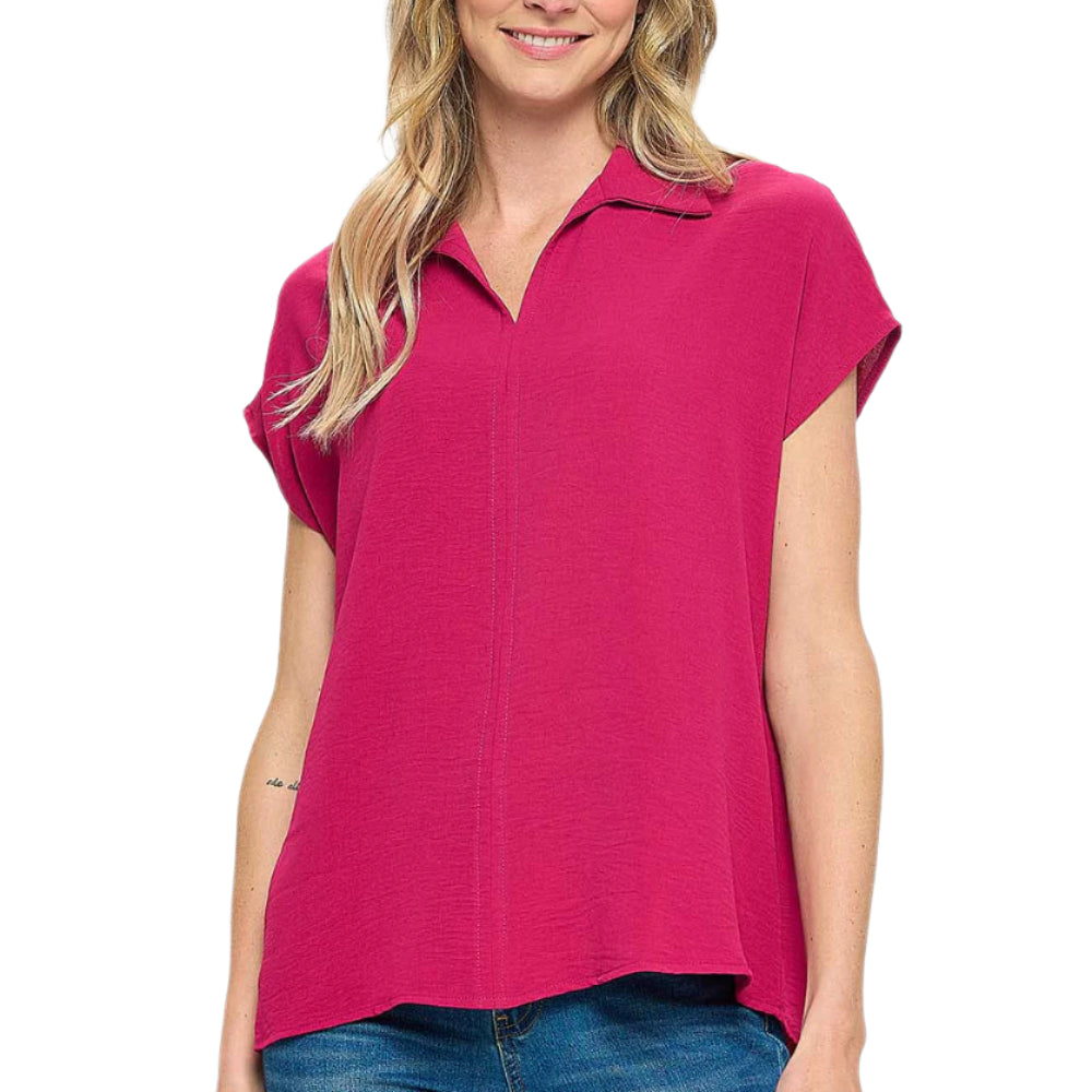 Collared Woven Top with Back Buttons - Magenta Front - Ella Where She Shops
