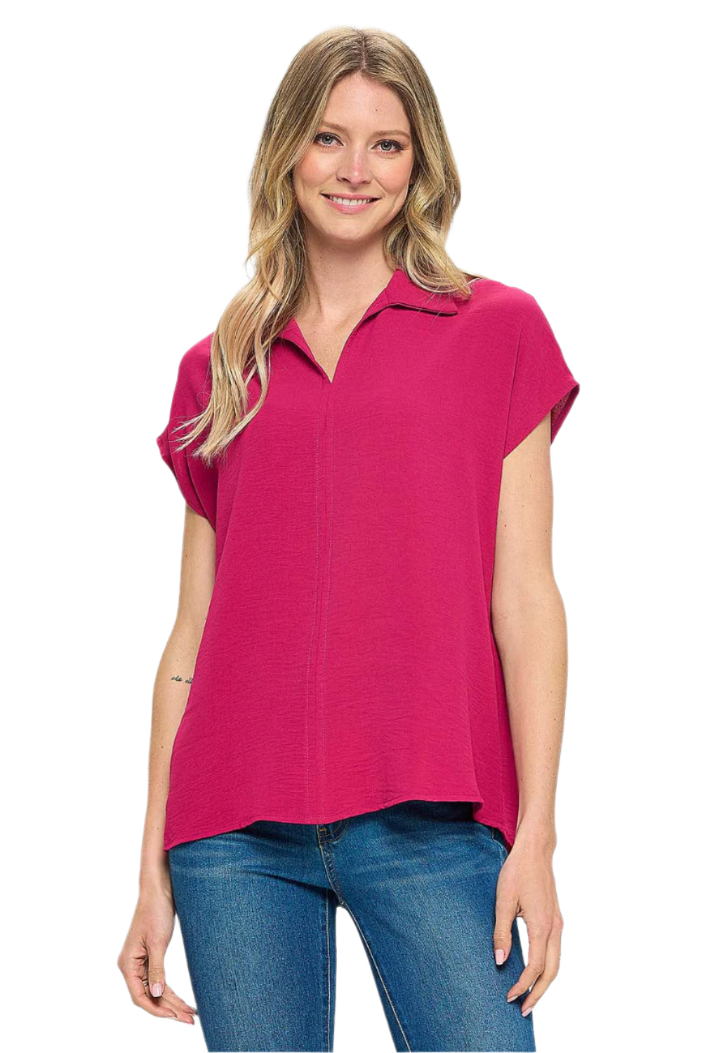 Collared Woven Top with Back Buttons - Magenta Front - Ella Where She Shops