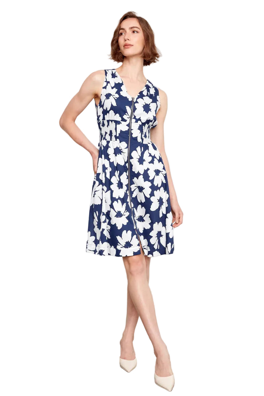 Cotton Voile Printed Front Zip Knee Length Dress ella where she shops