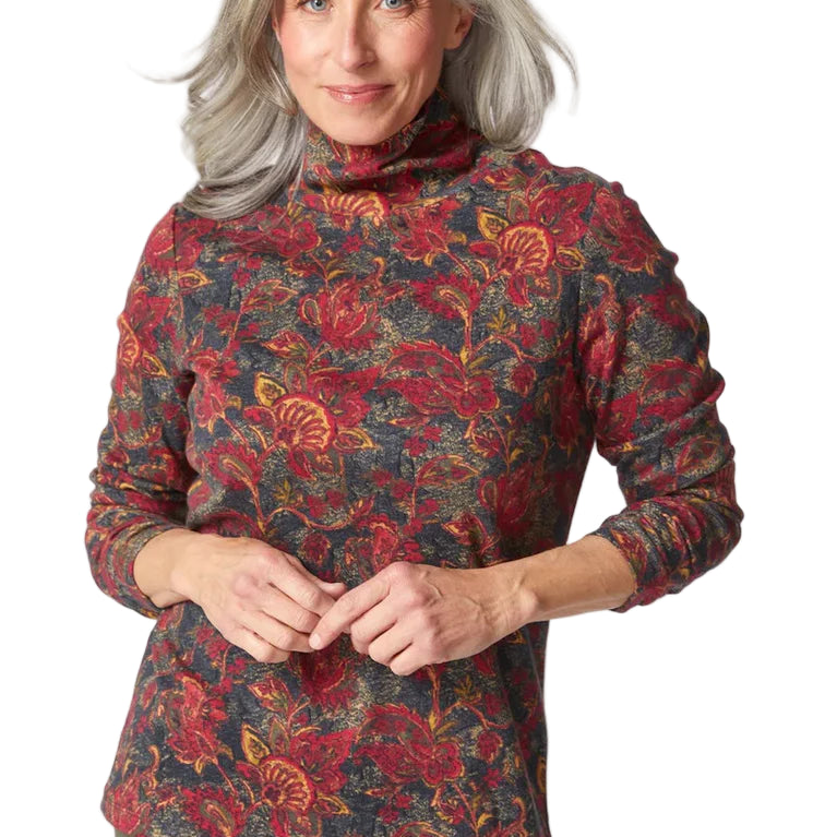 Cozy Rib Paisley Ruched Turtleneck - Wine Front - Ella Where She Shops