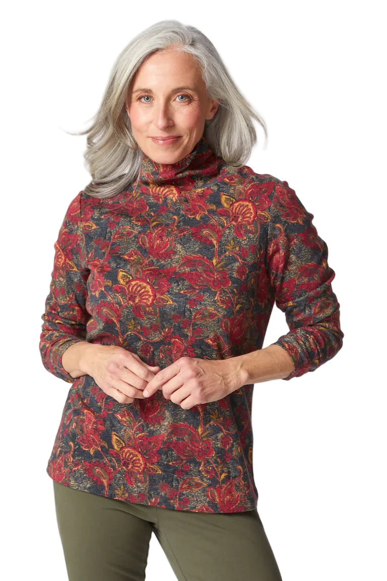 Cozy Rib Paisley Ruched Turtleneck - Wine Front - Ella Where She Shops