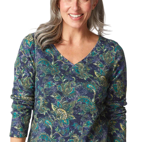 Cozy Rib Paisley V-neck Tee - Front - Ella Where She Shops