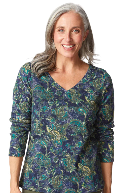Cozy Rib Paisley V-neck Tee - Front - Ella Where She Shops