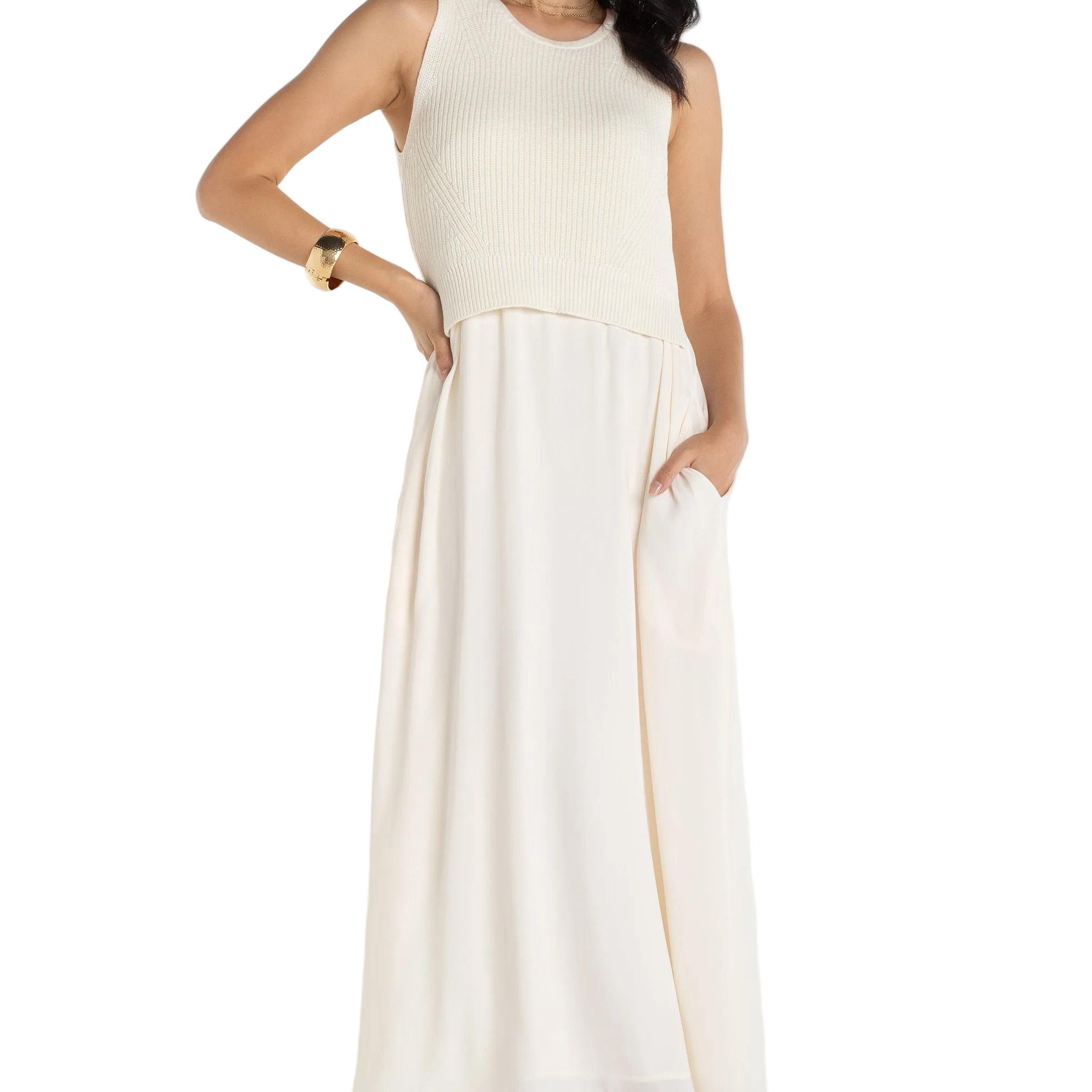 Crew Neck Tie Back Sweater Woven Dress cream ella where she shops