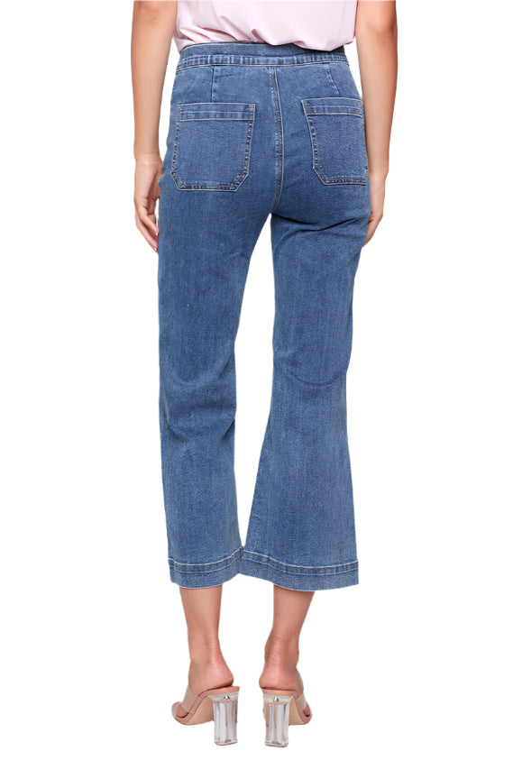 Cropped Pull-On Flare Jeans with Front Buttons - Medium Blue Back - Ella Where She Shops