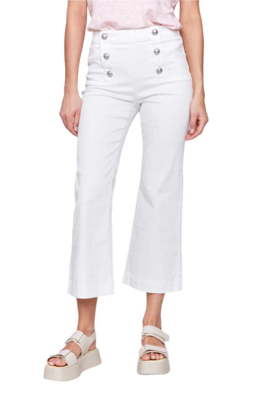 Cropped Pull-On Flare Jeans with Front Buttons - White Front - Ella Where She Shops
