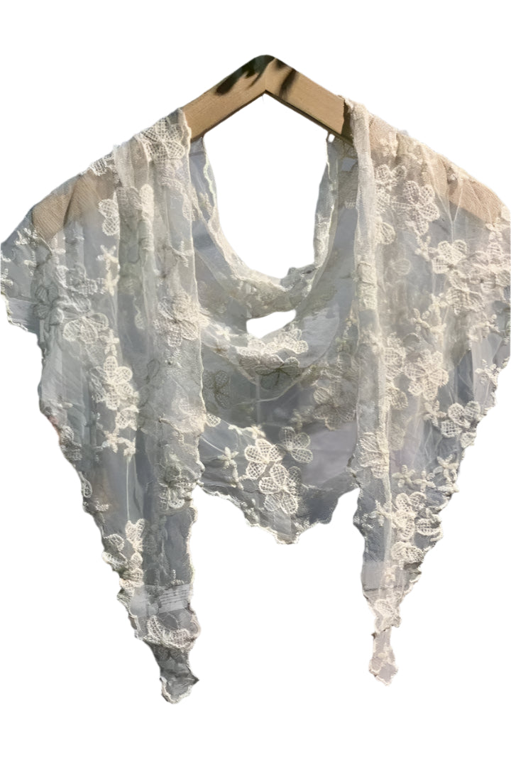 Embroidered Lace Small Shawl Scarf – Beige Front – Ella Where She Shops