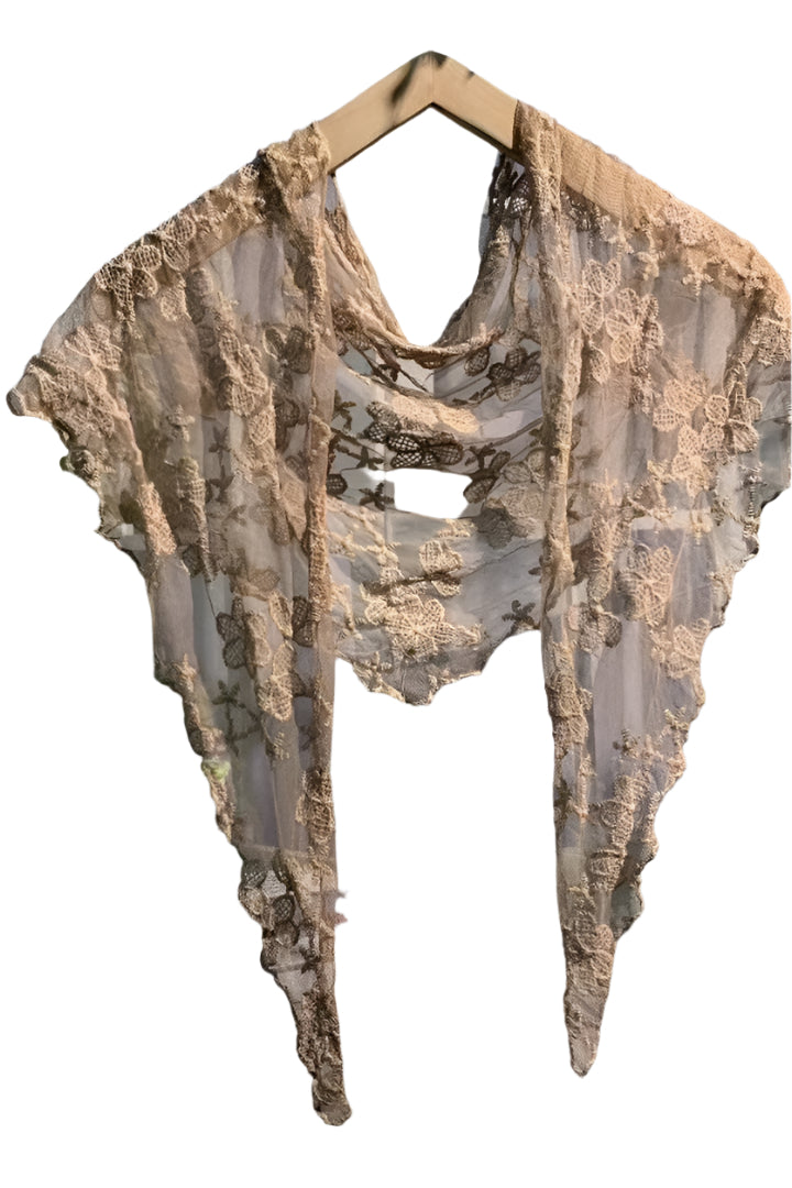 Embroidered Lace Small Shawl Scarf – Khaki Front – Ella Where She Shops