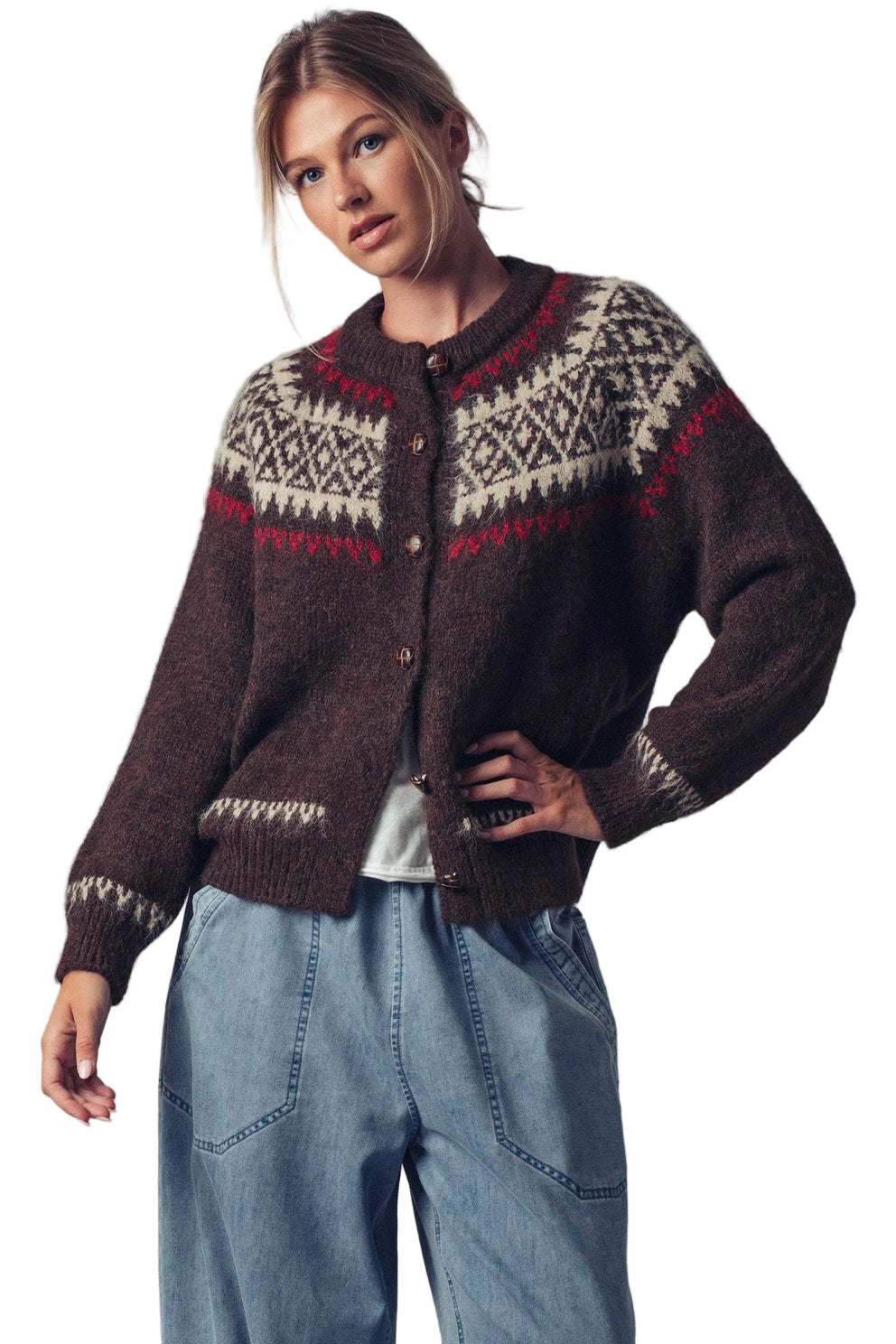 Fair Isle Nordic Toggle Cardi - Brown Front - Ella Where She Shops