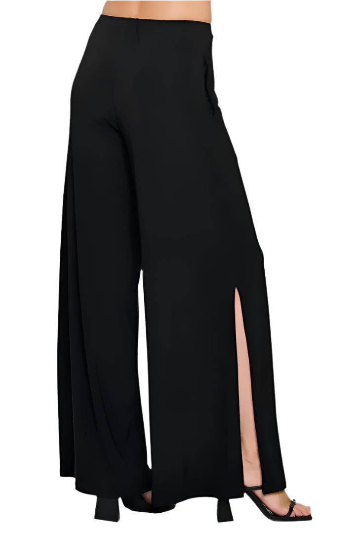 Flowy Palazzo Pant W/ Side Slits And Pockets - Black - Ella Where She Shops