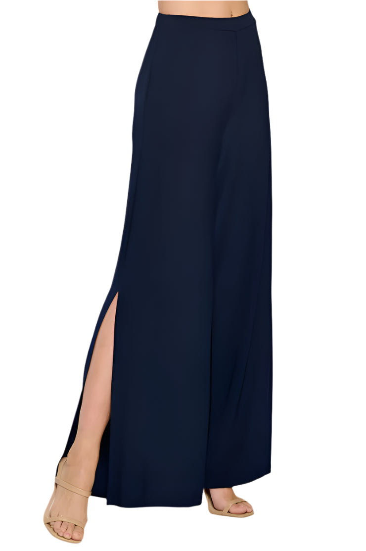 Flowy Palazzo Pant W/ Side Slits And Pockets - Navy - Ella Where She Shops