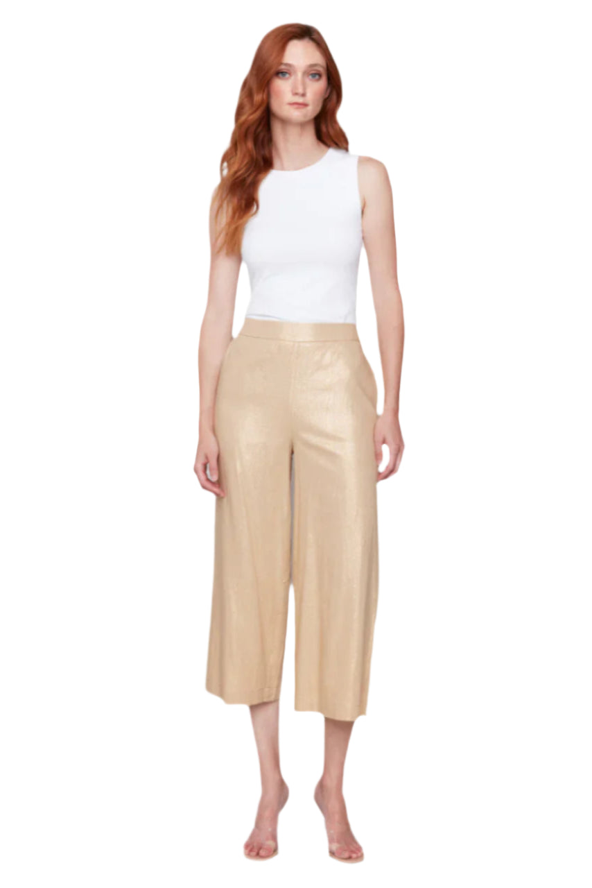 Foil Linen Blend Cropped Pull-On Pants - Gold Front - Ella Where She Shops