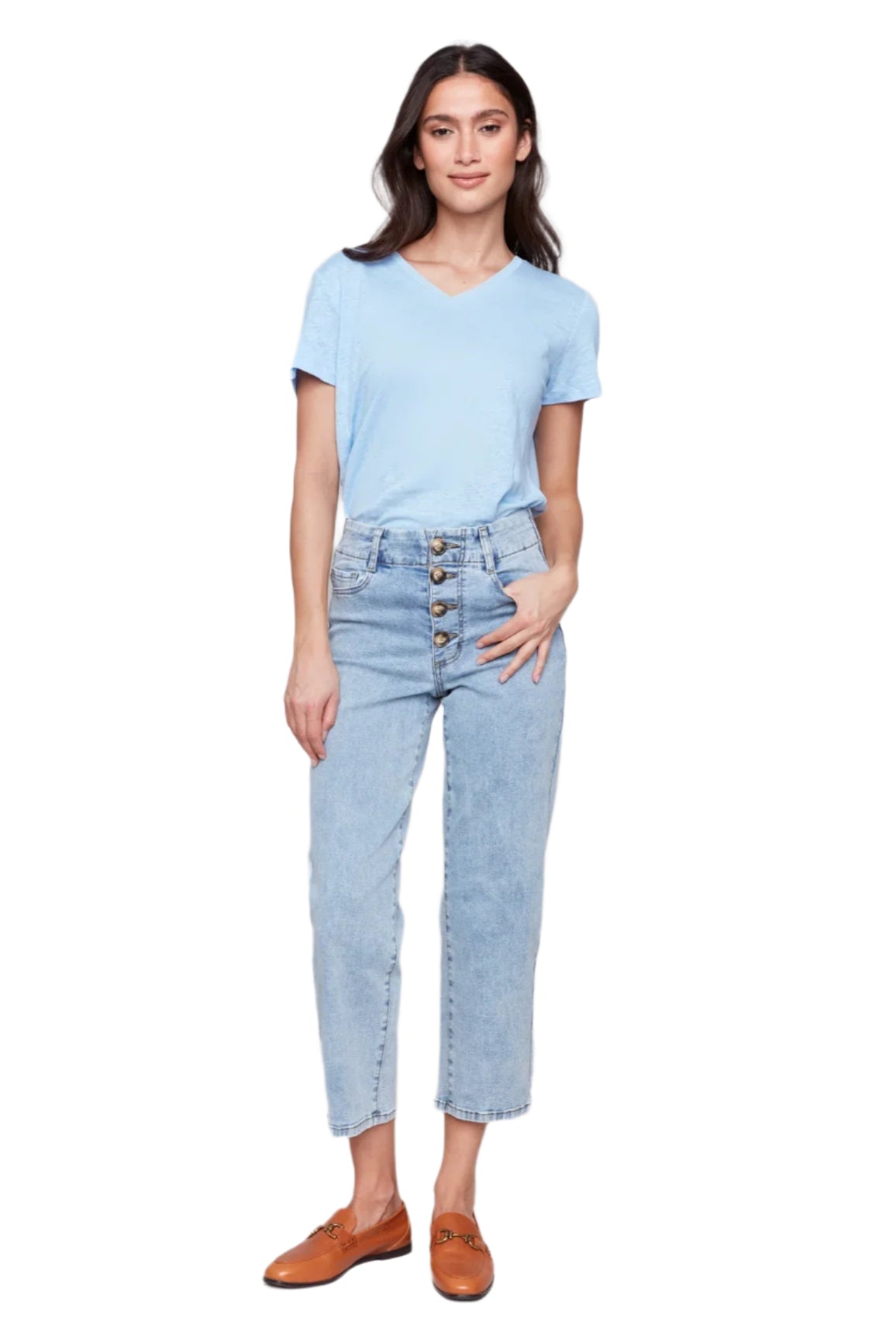 Front Button-Fly Straight Crop Jeans - Light Blue - Front - Ella Where She Shops