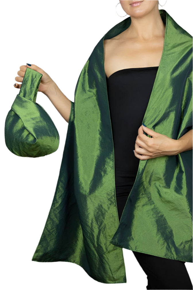 Green Taffeta Japanese Knot Bag with Matching Scarf - Olive - Front - Ella Where She Shops