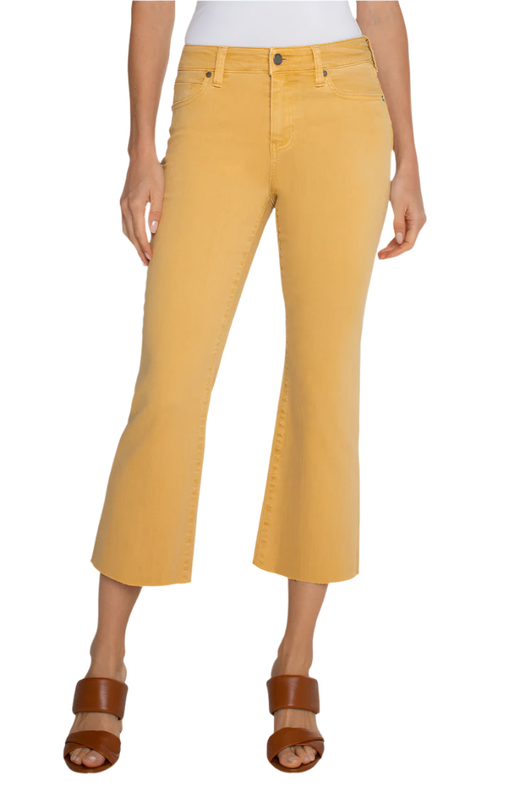 Hannah Raw Hem Crop Flare Jeans - Flaxen Gold Front - Ella Where She Shops