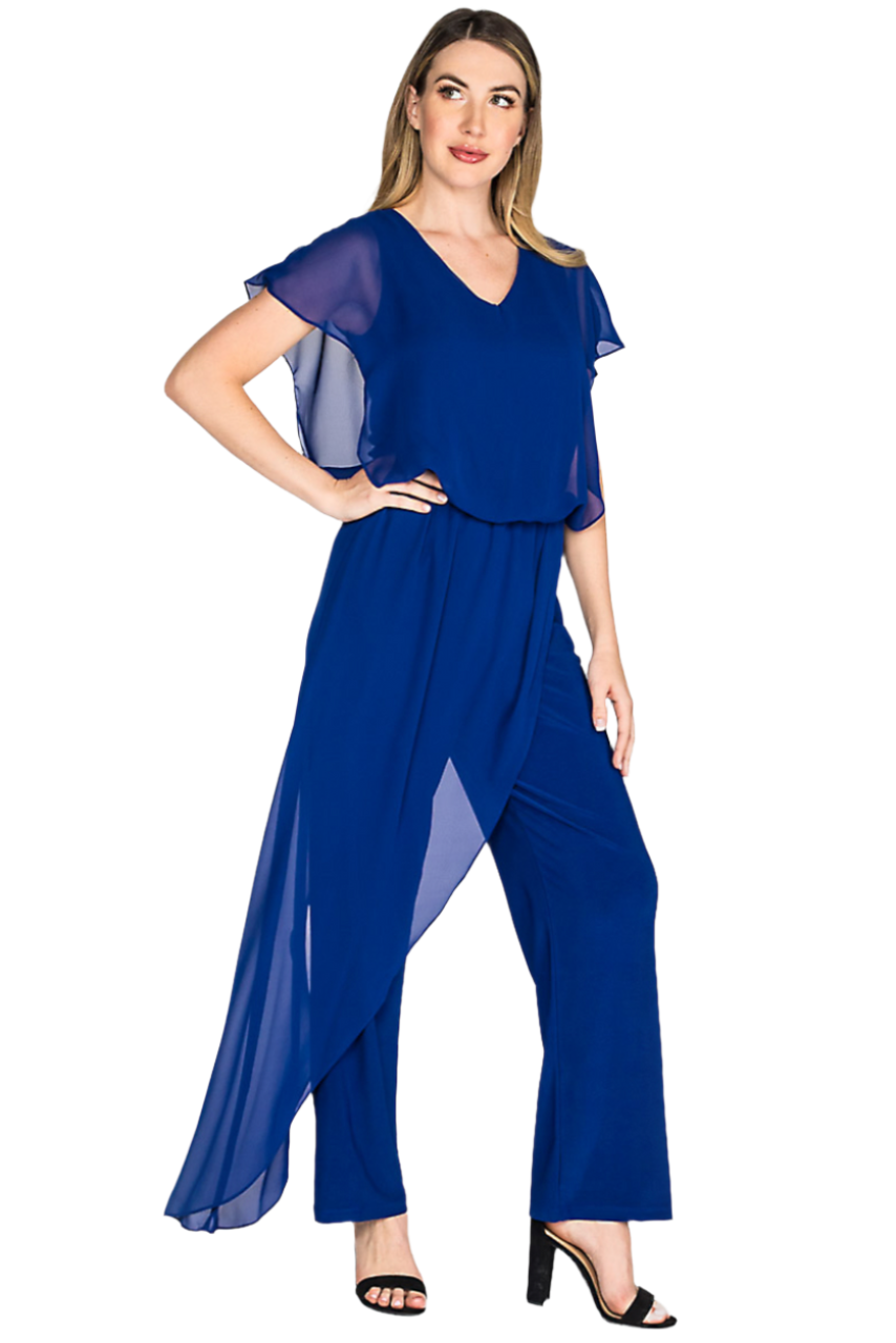 Jumpsuit with Chiffon Overlay - Royal Blue- Ella Where She Shops