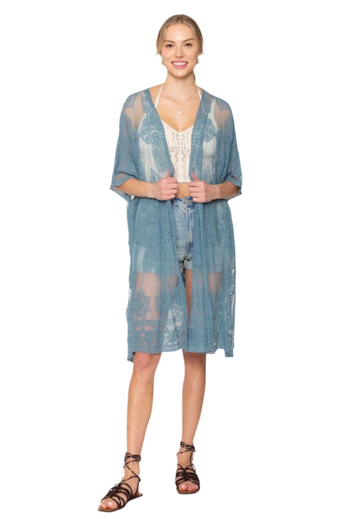 Khloe Flower Lace Kimono/Cover Up – Front – Ella Where She Shops