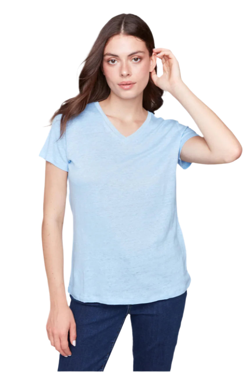 Linen Blend V-Neck T-Shirt - Bluebell - Front - Ella Where She Shops