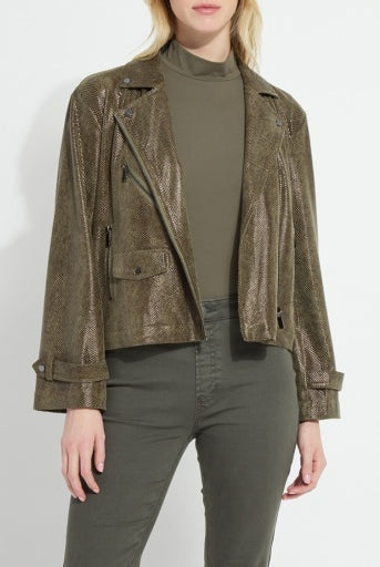 Person wearing a green textured jacket over a green turtleneck and pants on a white background