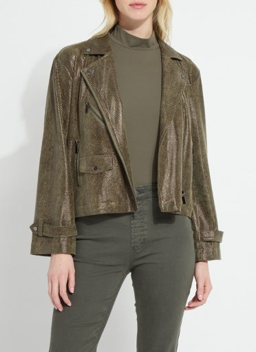 Person wearing a green textured jacket over a green turtleneck and pants on a white background