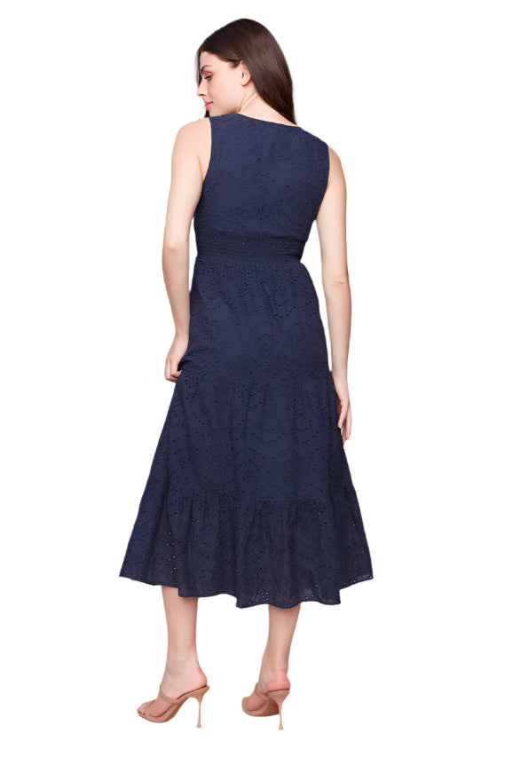 Long Sleeveless Cotton Eyelet Dress - Navy - Back - Ella Where She Shops