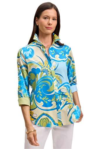 Margie Tropical Jacobean 3/4 Sleeve Shirt – Front – Ella Where She Shops