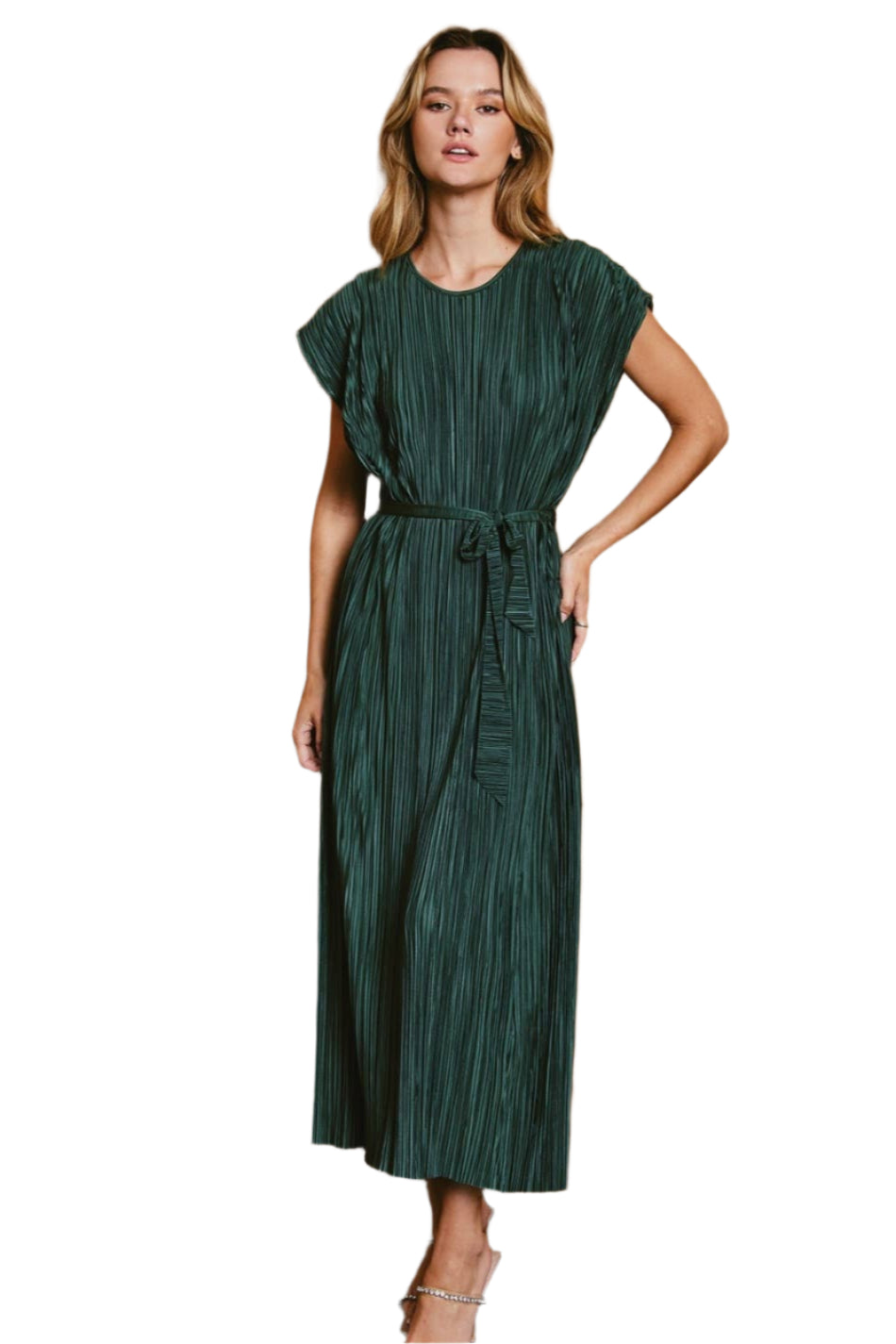 Micro Pleat Cap Sleeve Maxi Dress – Front – Ella Where She Shops