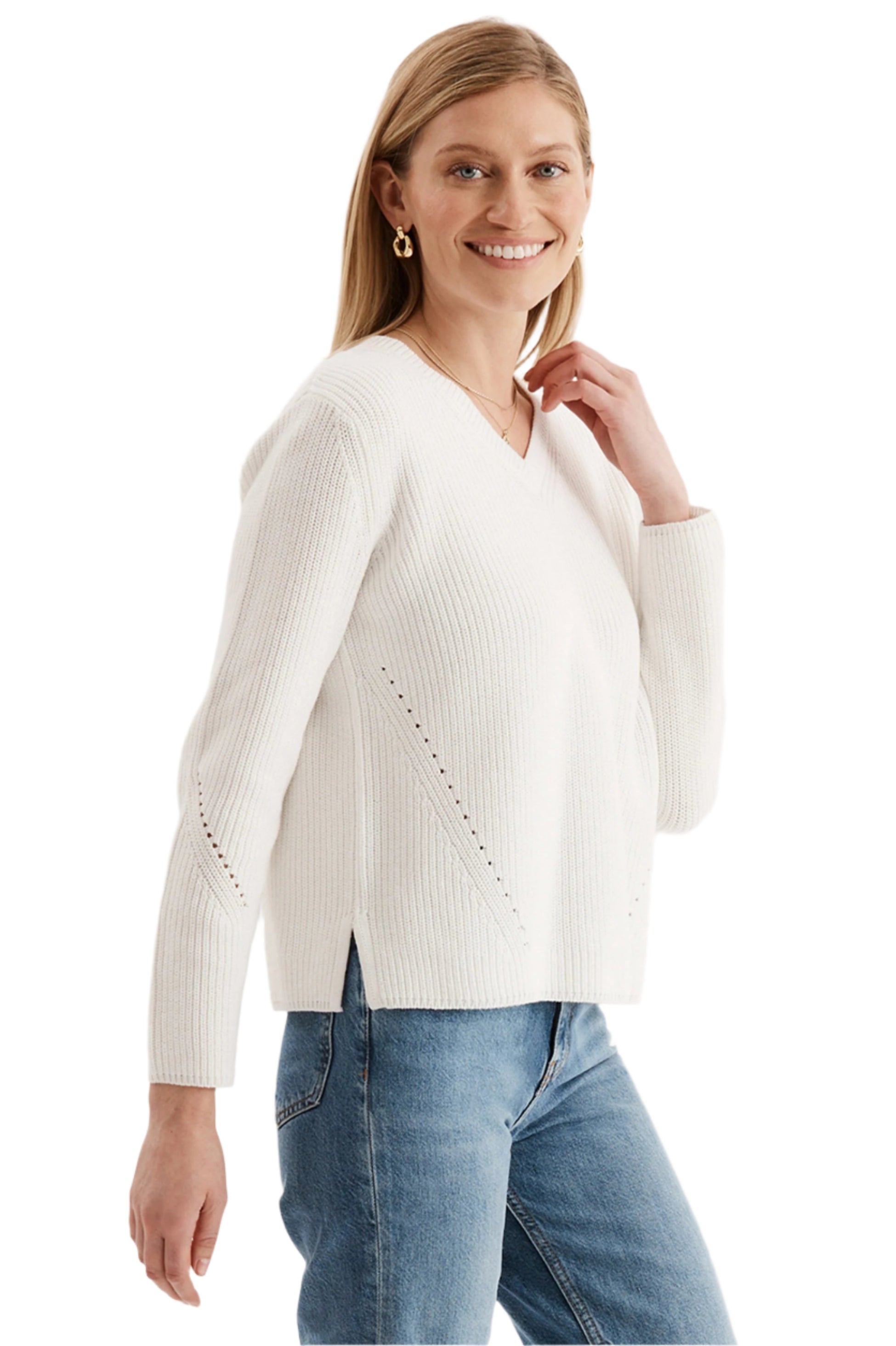 Mineral Wash V Neck Sweater – White – Ella Where She Shops