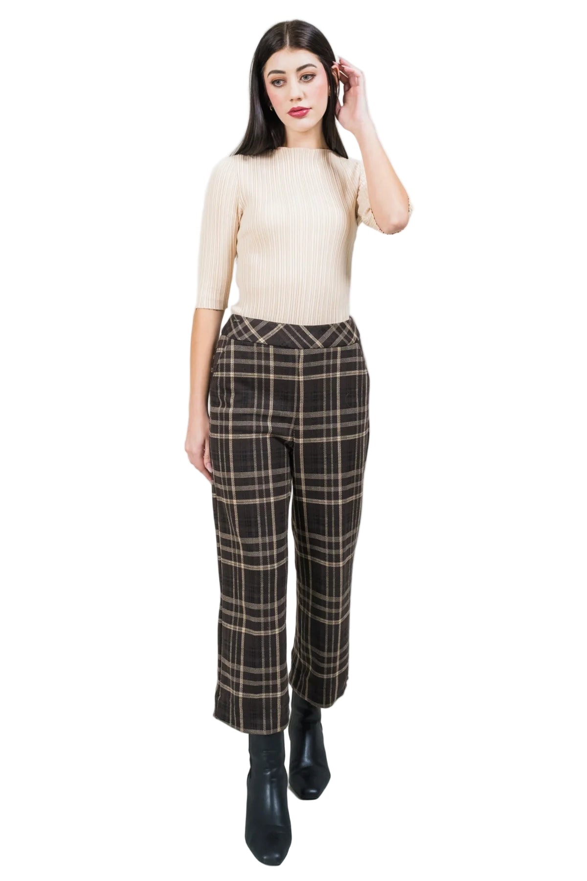 Mocha Plaid Wide Crop - Front - Ella Where She Shops