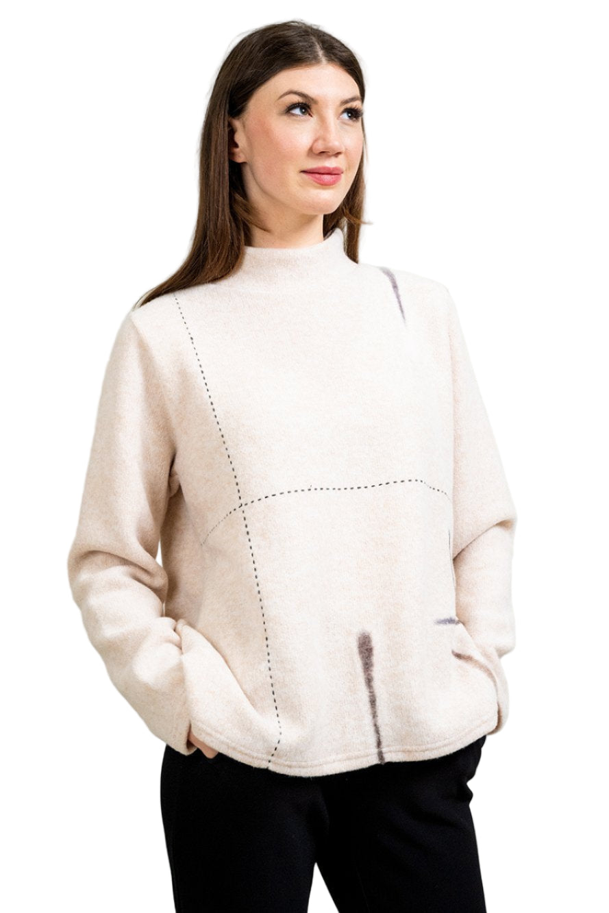 Mock Neck Sweater with Linear Felting and Embroidery - Front - Ella Where She Shops