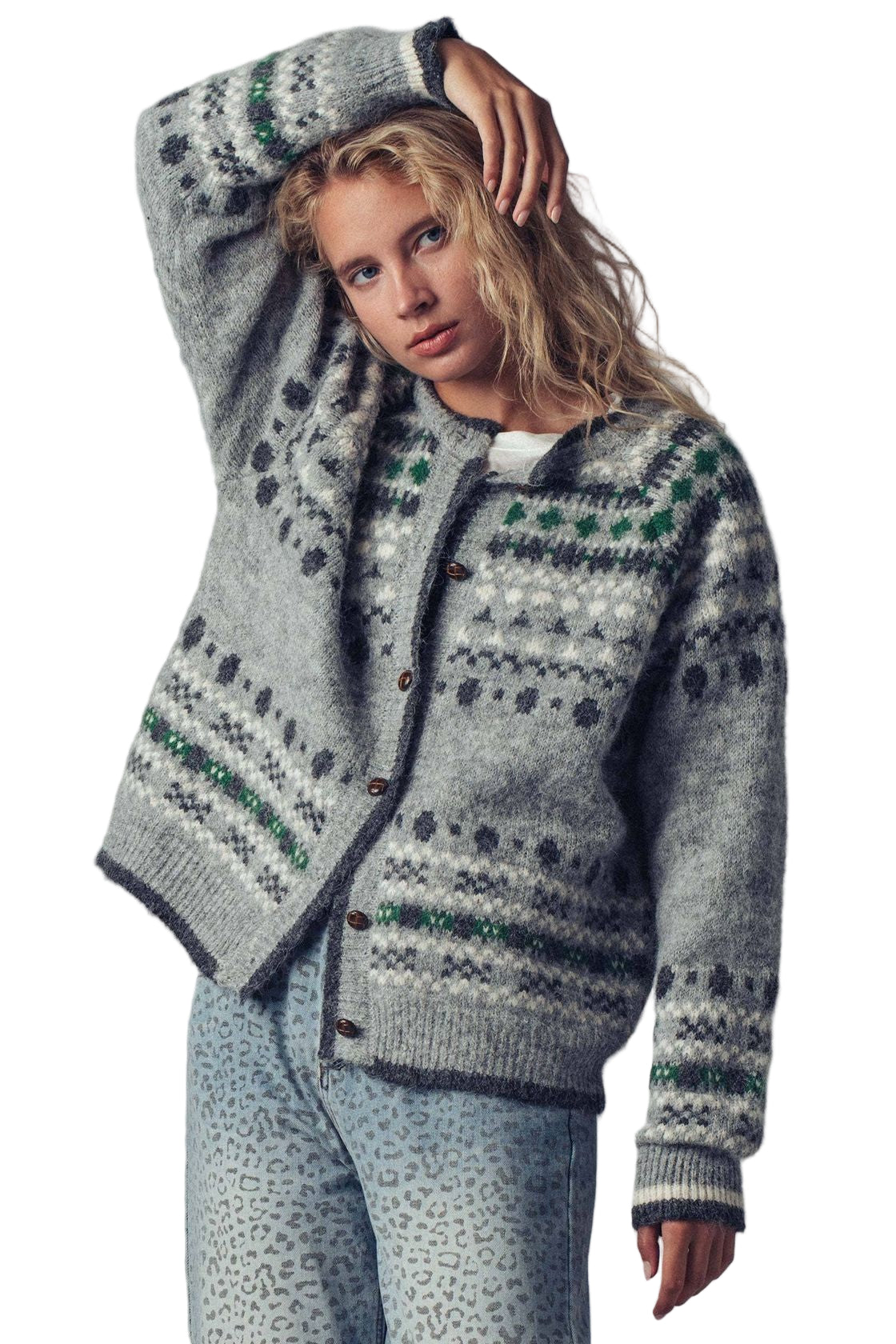 Nordic Button-Up Cardi - Gray Front - Ella Where She Shops