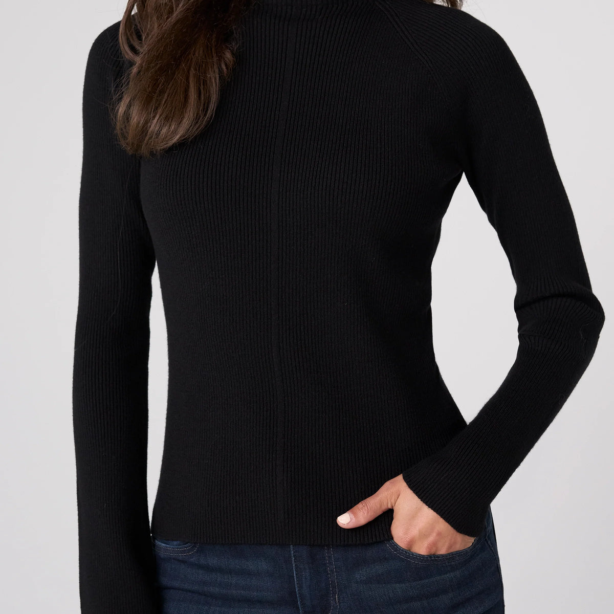 Long Slv Turtleneck Sweater in Black, ribbed knit fitted silhouette, front view