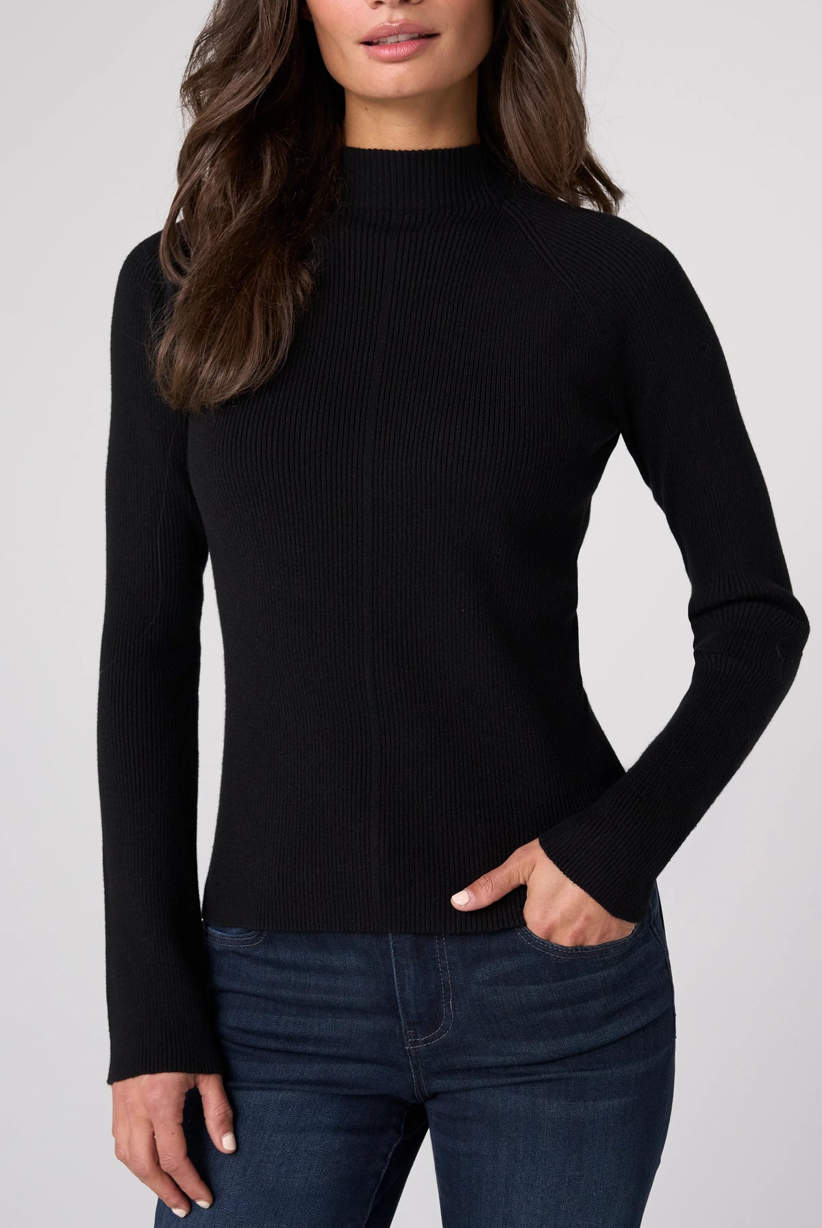 Long Slv Turtleneck Sweater in Black, ribbed knit fitted silhouette, front view