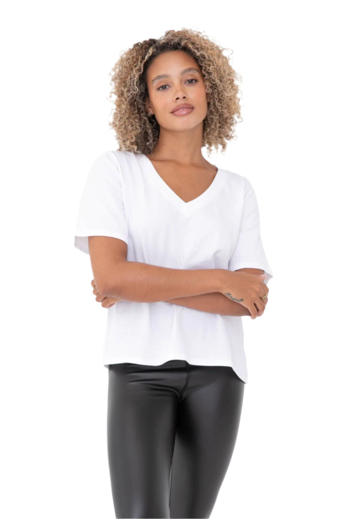 Pima Cotton Blend V-Neck Tee - White - Front - Ella Where She Shops