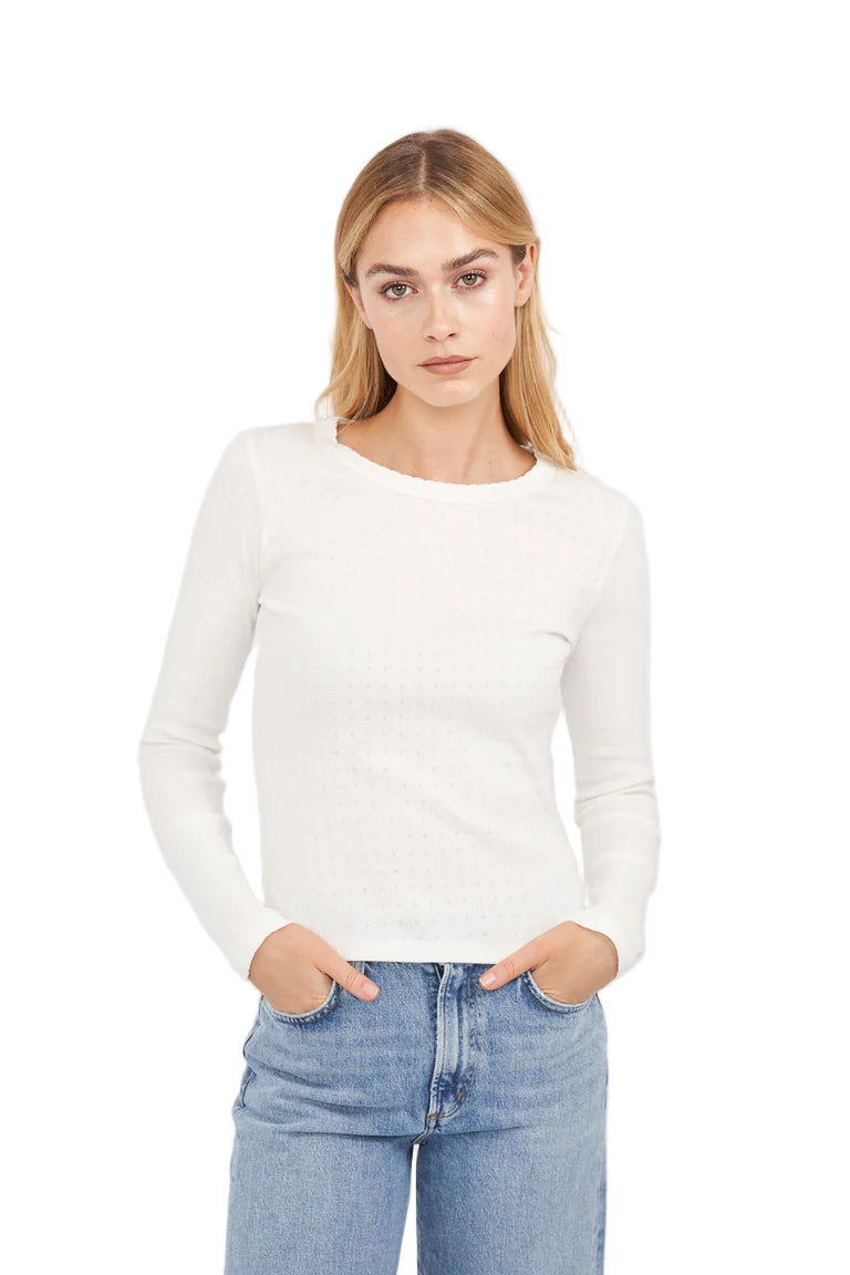 Pointelle Long Sleeve Crewneck - Front White - Ella Where She Shops