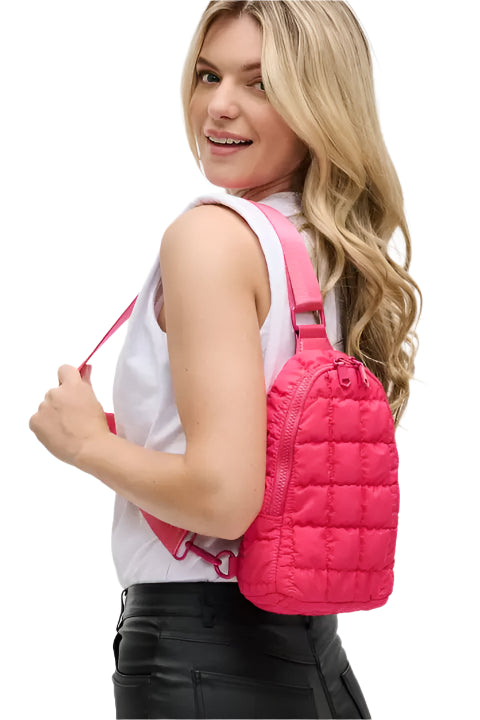 Quilted Puffer Nylon Sling Backpack Pink Ella where she shops